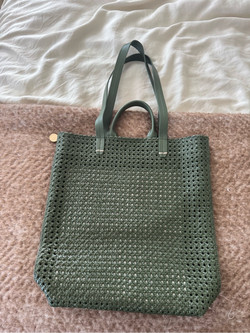 Clare V. Micheline Leather Rattan Woven Green Tote Bag - Women